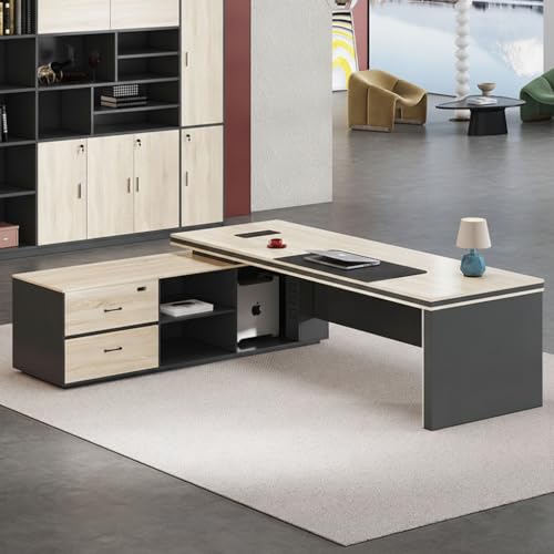 Image of Luxury Modern L-Shape Director Table with Integrated Side Storage, Light Wood Finish, Open Shelves, Soft-Edge Panels & Spacious Executive Worktop (LDL-766 MDFL L6W3)