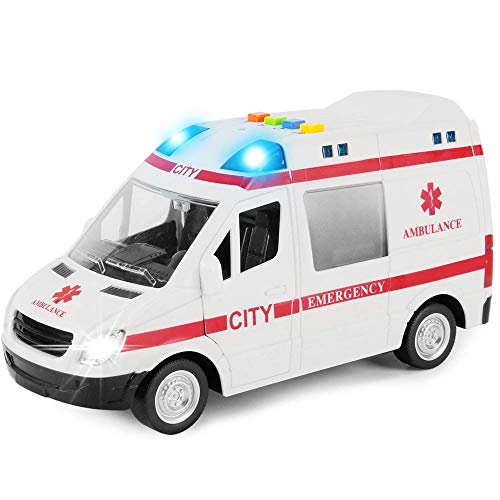 BAKAJI Ambulancia - Juguete para niños con Movimiento de Embrague, Sirena Que Funciona con Luces y Sonidos para Puertas Laterales y traseras Que se abren y se abren, camión Cuidado en Cada Detalle