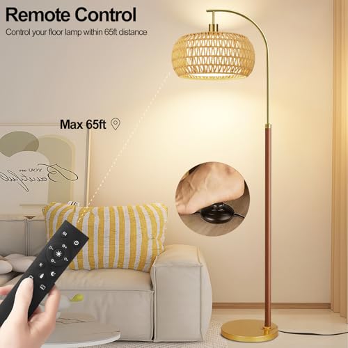 Image of Wood Arc Floor Lamps for Living Room,Boho Rattan Floor Lamp with Remote Control & 3 Color Temperatures,Dimmable Mid Century Modern Standing Lamp Farmhouse Vintage Tall Floor Lamp For Bedroom Corner