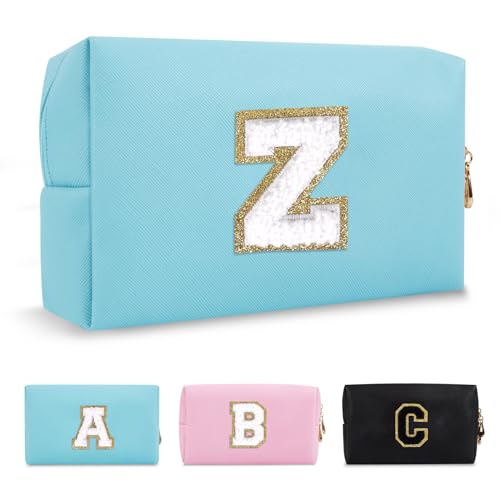 Small Personalized Initial A-Z Preppy Patch Makeup Bag,PU Chenille Letter Travel Cosmetic Pouch with Zipper,Blue Cute Toiletry Bag,Gift Ideal for Teen Girls Women Teacher Bridesmaid,Letter Z