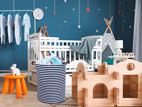 Essme Kids Laundry Hamper,Boys Laundry Basket,Collapsible Bule Storage Basket With Waterproof Pe Coating,Canvas Fabric Nursery Hamper For Kids Room Decor,Toy Storage,Gift,Baby Clothing.(Navy Blue Stripes) #TOP1