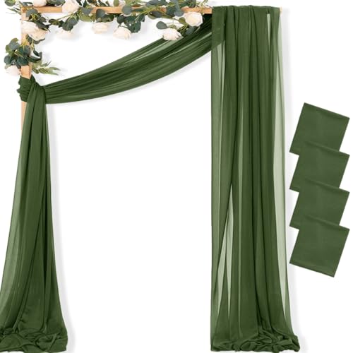 Image of MLMC Olive Green Wedding Arch Draping Fabric 29 inch x 20 FT Extra Long Gauze Drapes Sheer Backdrop Curtains 6.6 Yards Outdoor Drapery Panels for Wedding Ceremony Party Ceiling Decoration 4 Panels