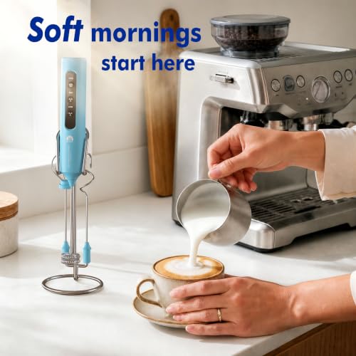 Image of Rechargeable Milk Frother with Stand, 4 Interchangeable Whisks & Travel Case - Handheld Mixer for Lattes, Matcha, Hot Chocolate, Eggs & Protein Shakes