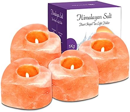 Nevlers 4 Pack Pure Himalayan Salt Candle Holders | Heart Shaped Himalayan Salt Tea Candle Holder | Hand Crafted Himalayan Tealight Holders | Salt Candle Holder for Decor | Salt Lamp Tealight Holders