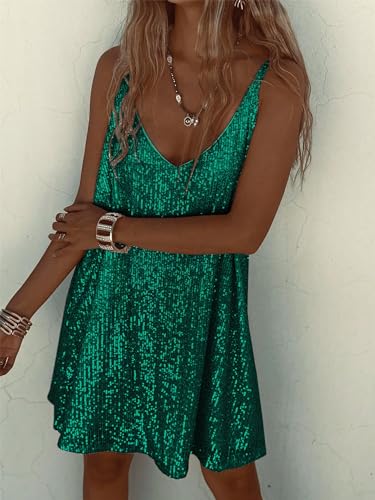 Image of Women's Summer Sleeveless Mini Dress Deep V-Neck Glitter Sequin Dress Sexy Short Dress