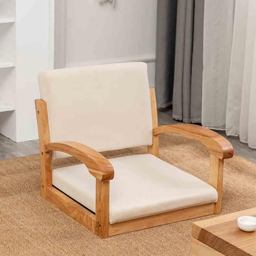 Silla baja vintage de madera con respaldo y reposabrazos, silla japonesa con cojín, perfecta para balcón, sala de estar, dormitorio, color blanco roto