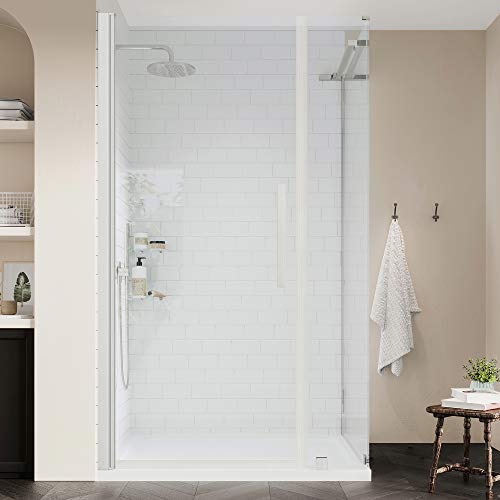 Ove Decors Endless Pasadena Corner Shower Kit With Pivot Frameless Shower Door, Oliver Base And Shelves, 38 In. W X 36 In. D X 72 In. H, Satin Nickel #TOP21