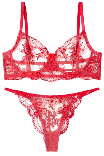 Soutien-gorge sexy avec armatures et tanga transparent AIEOE : lingerie fleurs brodées femme
