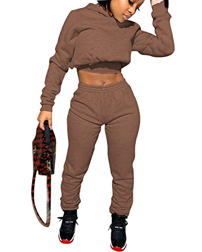 Track Suits For Women Set Sexy 2 Piece Outfits Long Sleeve Hoodie Crop Top Jogging Pants Sweatsuit Sets Brown M #TOP16