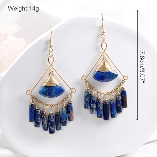 Lapis Lazuli Earrings - Bohemian Style Handmade Long Tassel Earrings - Emperor Stone Earrings For Women3