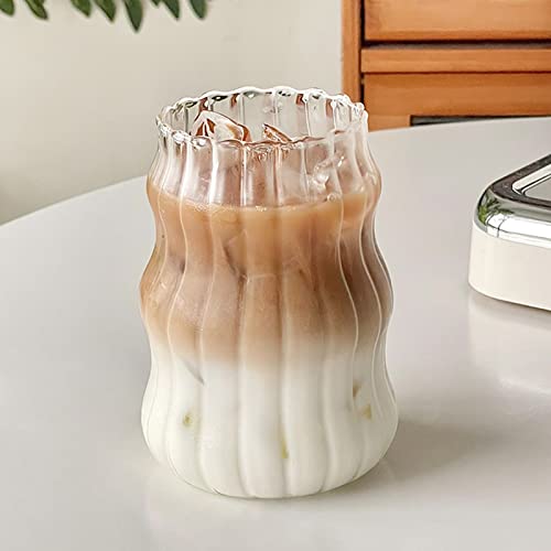 Iced Coffee Cup With Straw 18 Oz Glass Clear Ripple Coffee Mug With Glass Straw And Straw Cleaner Brush Ribbed Glassware Boba Cup Smoothie Cup Water Glasses (C Clear - 530Ml, 2) #TOP6