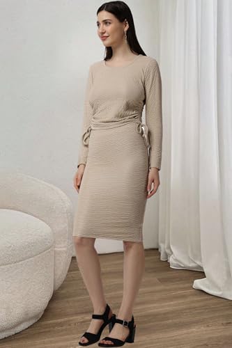 Image of POPWINGS Women Casual Polyester Cream Solid Top and Skirt Co-Ords Set