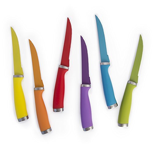 Stainless Steel Steak Knife Set of 6 - Multicolored, Serrated Kitchen Knife Set, BPA-Free, Dishwasher Safe, Home Essentials - Knives Set for Kitchen
