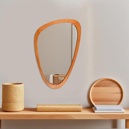 FUIN Asymmetrical Irregular Wall Mirror 30.5" x 19.5" – Solid Wood Frame Mid Century Modern Decor, Organic Pebble Shaped HD Glass for Bathroom Vanity, Bedroom, Living Room & Entryway (Teak Finish) - Image 5