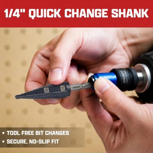 Image of NEIKO 10616B Step Drill Bit, 2 Steps 3 /8 inch to 1 /2 inch Straight M35 Cobalt, AlTiSiN Coated, 1 /4 inch Quick Change Step Bits for Steel, Metal, Wood, Plastic, Unibit Cone Drill Bits, Two Flute