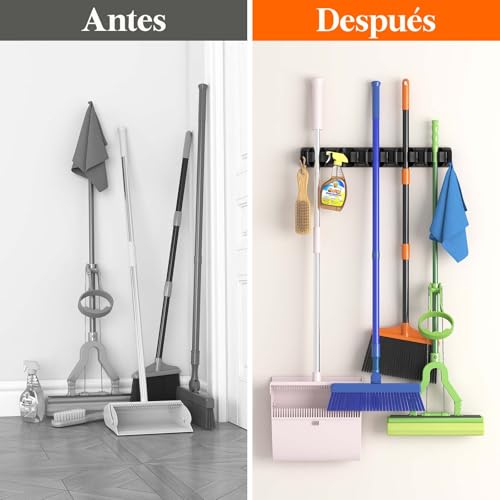 Miniatura 5 de Lifewit Soporte De Pared Para Escobas Y Fregonas, Colgador Antideslizante Y Resistente Para Cocina, Ideal Para Armarios, Garajes, 5 Ranuras Y 6 Ganchos, Negro