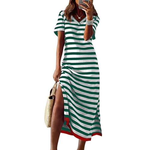 SYKT Women's Summer Dress V-Neck Short Sleeve Striped Casual Dresses Side Slit Elegant Maxi Sundress Green