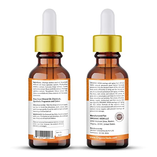 Organic Veda Moringa Anti-Aging Face Oil, Age-Defying & Moisturizing Moringa Oil, Made With Cold Pressed Pure Moringa Seeds & Moringa Leaf Oil With Amla, Turmeric, Rose 1.7 Fl Oz #TOP1