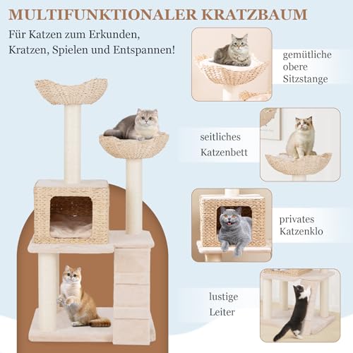 COSTWAY Kratzbaum mit Katzenhöhle, 122 cm, Katzenbaum mit 2 Sitzstangen und Kissen & Höhle aus Rohrkolben, Leiter & Sisalpfosten, mehrstufiger Kletterbaum, Katzenkratzbaum Katzen Klein, Beig-4