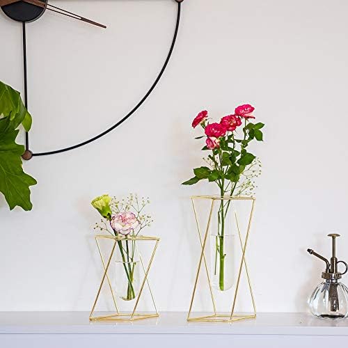Clear Glass Vase for Flowers With Metal Rack, Small Test Tube Bud Vase Modern Propagation Station Sweet Pea Vase for Dining Table Living Room Decoration Wedding Centerpieces