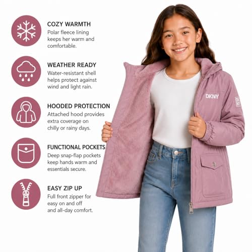 Image of DKNY Girls Midweight Jacket - Cozy Sherpa Fur Lined Water Resistant Hooded Anorak Windbreaker Zip Up Jacket for Girls