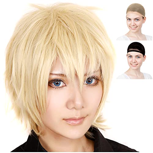 Perruque cosplay courte 30cm aux reflets or blond clair et blanc avec bonnet de maintien