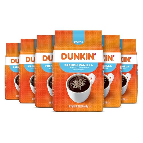 Image of Dunkin' French Vanilla Flavored Ground Coffee, 18 Ounce (Pack of 6) | 18 oz. per bag, 108 oz. total, Smooth & rich flavor, Made with arabica coffee, Shelf stable, SNAP EBT eligible