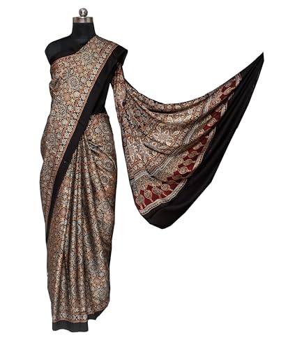 Image of Ethnics of Kutch Womenss Ajrakh Modal Silk Natural Dye Hand Block Print Saree with Blouse Piece - 5.5 Mtr Length