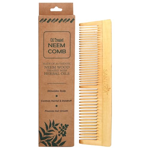 Image of Santosa Kacchi Neem Wooden Comb, Dual Tooth Design, Soaked in 14 Herbs & Neem, Coconut and Sesame Oils, for Hair Growth, Detangling, Frizz Control, Hair Shine, Hairfall and Dandruff, All Hair Types