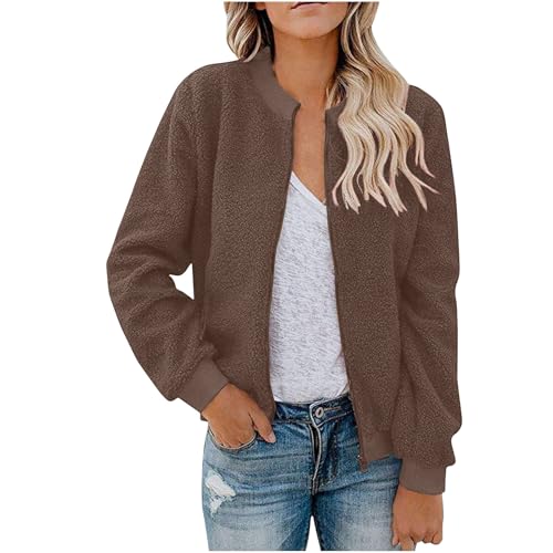 KOG Fleecejacke für Damen Winterjacke Warm Vliesjacke Fleecejacken Einfarbige Oberteil Frauen Herbstjacke Trenchcoat Puffer Jacke Softshelljacken Wanderjacke Softshellmantel Braun L