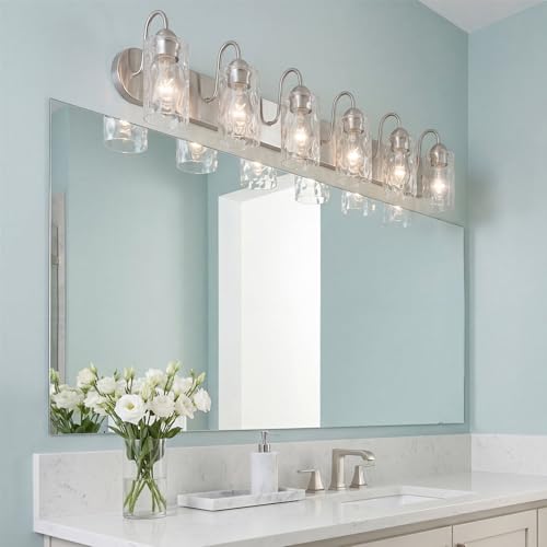Image of Kira Home Armada II 48 inch 6-Light Modern Over Mirror Vanity /Bathroom Light, Hammered Glass Shades, Traditional Curved Arms, Brushed Nickel Finish, Pack of 2