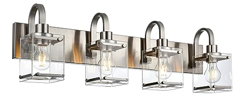Image of Brushed Nickel Bathroom Light Fixtures, 4 -Light Vanity Lighting Fixture Over Mirror with Clear Glass Shade Wall Sconce Lighting for Mirror Kitchen Living Room Bedroom Hallway