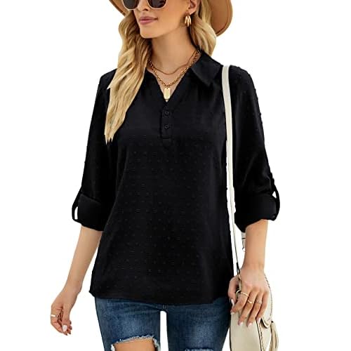 LOMON Women's Casual 3/4 Sleeve Henley V-Neck Button Up Pleated Back Blouses Swiss Dot Blouse Tops T-Shirts S-XXL Small Apricot