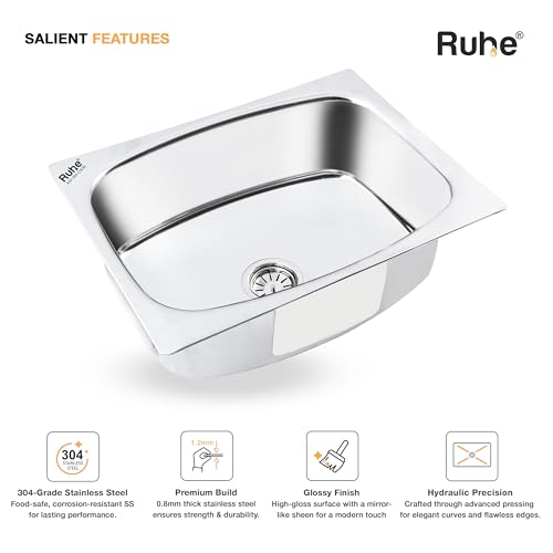 Image of Ruhe? Oval Single Bowl 24x18x9 Inches Kitchen Sink | 304-Grade Stainless Steel Oval Single Bowl Kitchen Sink | Glossy Finish | Including Sink Coupling and Waste Pipe