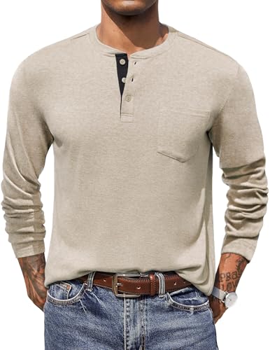 COOFANDY Camicia Henley Uomo A Maniche Lunghe | Maglietta Termica Con Bottoni, Casual | Grigio Chiaro, Taglia S