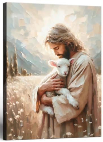 Framed Jesus and Lamb Wall Art Christian The Lost Lamb Wall Decor the Good Shepherd Print Poster Jesus Leaves the 99 Sheep Painting for Living Room Church Prayer Room 12x16 inch Ready to Hang