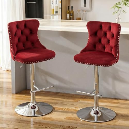 Butacos ajustables giratorios de 2 piezas, con respaldo y reposapiés, para isla de cocina, altura regulable de 24–33 pulgadas, estilo moderno, color rojo con base plateada miniatura 1