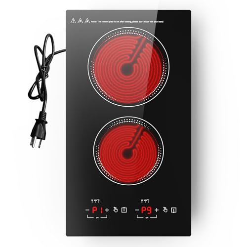 2 Burner Electric Cooktop 24inch - 3600W 220V Countertop & Built-in Ceramic Cooktop - 9 Power Levels Electric Stove with Plug in Child Safety Lock Overheat Protection