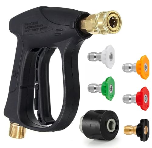 High Pressure Washer Gun, Short Jet Wash Gun with M22 14MM Hose Interface and Adaptor Compatible with Karcher 1/4 inch Quick-Connect Nozzles for Car Washing and Patio Cleaning + 5 Water Nozzle Tip
