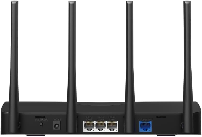 مؤخرة view of Mercusys MR27BE Wi-Fi 7 Router showing WAN, LAN ports, Reset/WPS button, and power input.