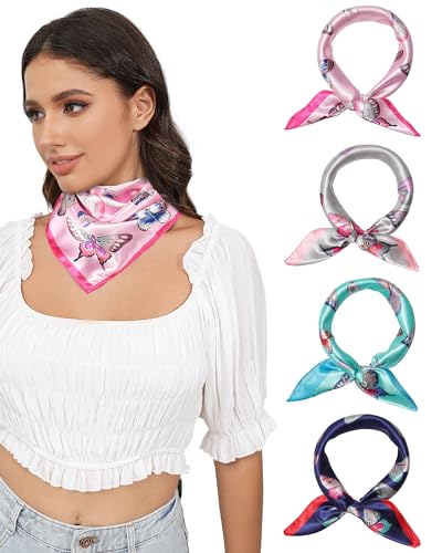 AWAYTR 23” Satin Bandanas for Women Head Scarf 4Pcs Like Silk Scarf for Hair Scarf Satin Neck Scarf Silk Hair Bandana Headscarf (Butterfly)