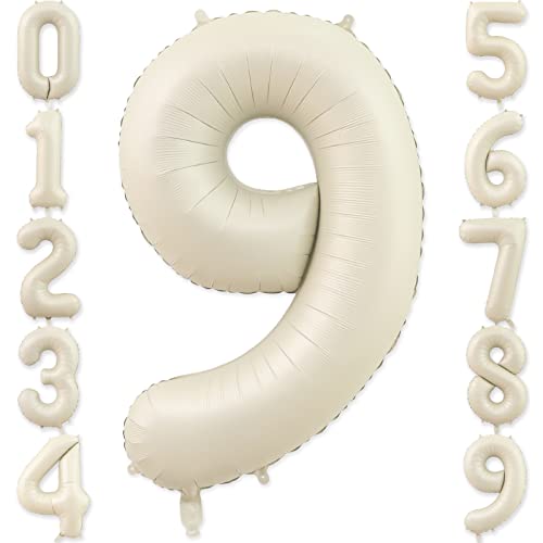 9 Balloon, Number 9 Balloon, Number Balloons 40 Inch, Sand White Large Big Foil Number Balloons for Birthday Party Graduation Wedding Anniversary Baby Shower Bachelorette Decoration Supplies