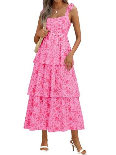 Wenrine Womens Summer Floral Maxi Dress Casual Tie Strap Sleeveless Ruffle Tiered Smocked Loose Boho Beach Dresses Light Pink