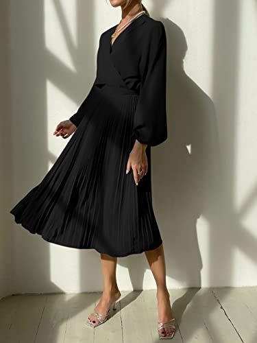 PRETTYGARDEN Women's Spring Midi Dress Long Puff Sleeve Wrap V Neck Flowy Ruffle Pleated Casual Fall Dresses4