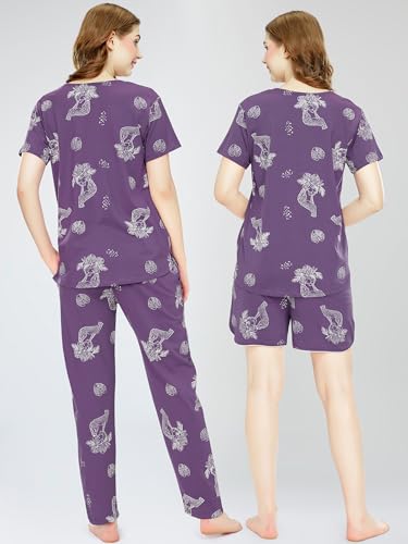 Image of ZEYO Night Suit for Women's Cheetah & Floral Printed Cotton Night Dress of Top,Pajama & Short's 3Pc'S Set 5733