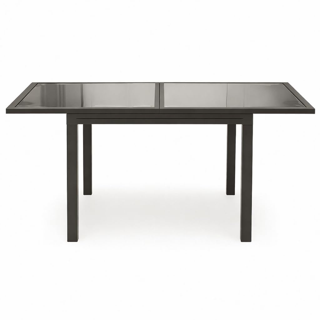 Acomoda Textil - Mesa Extensible 90-180 cm de Cristal y Estructura de Aluminio Resistente, Altura 75 cm y Diseño Moderno para Comedor, Jardín, Terraza o Patio. Mesa Funcional y Estable Uso Exterior