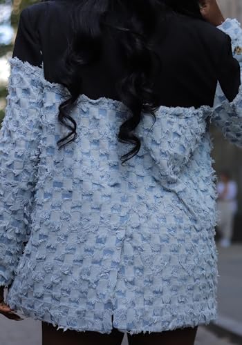 Vaceky Denim Patchwork Blazer Women Checkered Lightweight Fringe Jean Jacket4