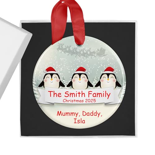 Image of Personalised Family Christmas Ornament with Gift Box, Penguin Design, Custom Christmas Bauble, Christmas Tree Decoration Gift, Festive Xmas Present, Family Bauble