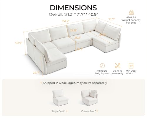 Image of Oversized Modular Sectional Sofa, Comfy Cloud Couch with Reversible Chaises Extra Deep U-Shaped Sleeper Sofa Bed for Living Room, Covers Washable, 6-Seater with 2 Corners, Chenille, White