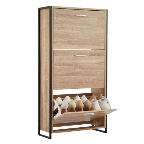 CASABEL Meuble à Chaussure 18 Paires, 3 Abattants, Meuble Chaussure Entrée avec Structure Métal Noir, Couleur Bois Clair, Installation Rapide, 23,5x63x119cm